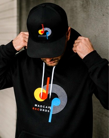 Madcap logo black pullover hoodie with cap