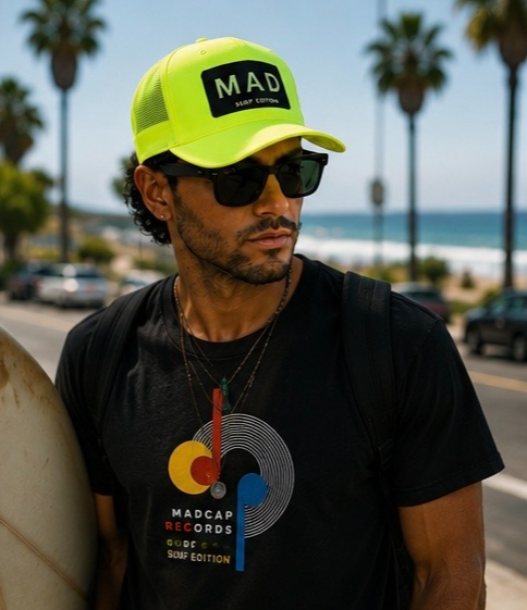 MAD Surf Edition tee with neon trucker cap